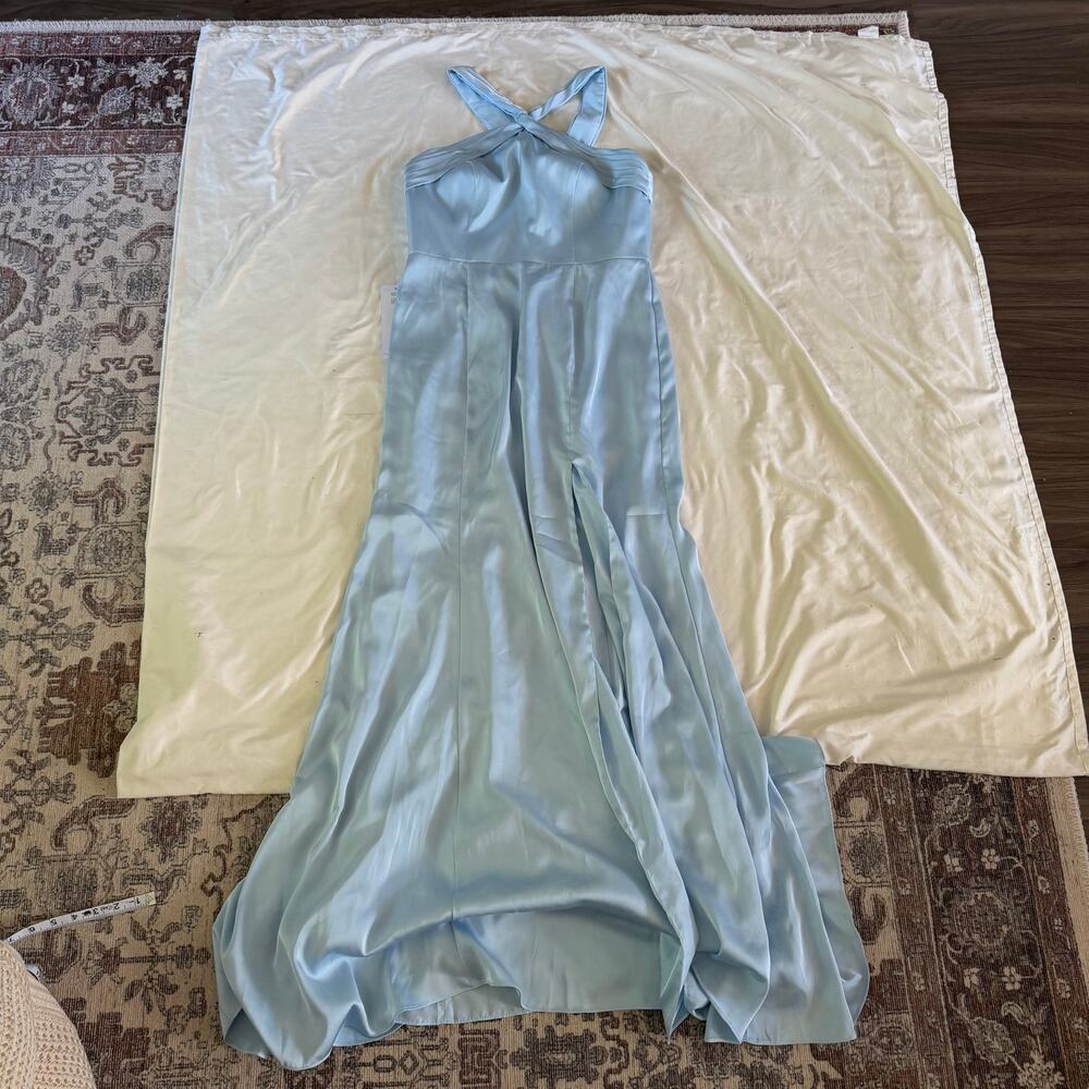 NWT Azazie Sky Blue Halter Cutout Gown 10 Bridesmaid Wedding Guest Slit - Picture 3 of 8